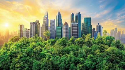 Obraz premium Urban Skyline Surrounded by Lush Green Nature at Sunrise