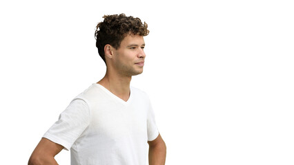 Obraz premium A man in a white T-shirt, on a white background, close-up
