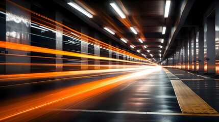 Blurred motion of vehicles in a sleek and modern underground parking garage with moody dramatic lighting creating an abstract futuristic scene
