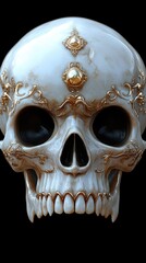 Naklejka premium Ornate skull sculpture with intricate gold detailing against a black background, showcasing artistry