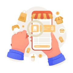 Hand holding phone with product search online shopping app vector design