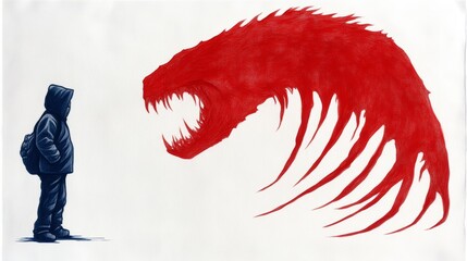 A child faces a shadowy red monster with large teeth symbolizing confronting inner fears and the power of imagination over adversity