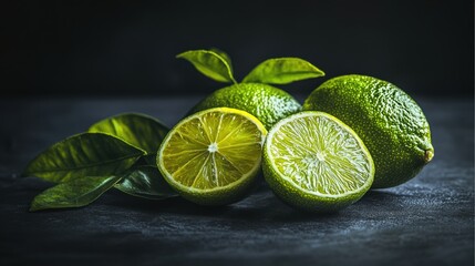 Fresh Green Limes with Sliced Half and Leaves on Dark Surface