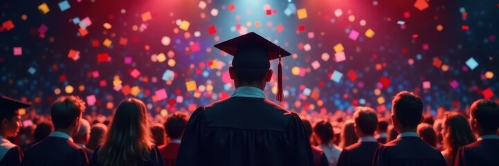 Confetti falls on graduating class, stage backdrop , joyful, picture