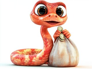 Fototapeta premium Cute Cartoon Snake Holding Money Bag with Joyful Expression
