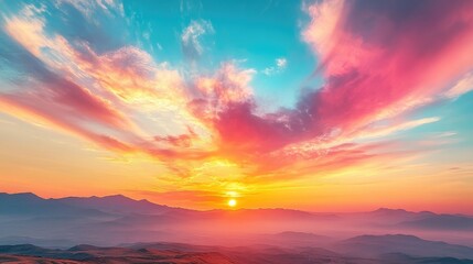 Vibrant sunset over mountain landscape with colorful clouds and distant hills, serene atmosphere