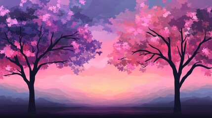 Tranquil landscape featuring two colorful trees set against a pastel sunset evoking peace and harmony in a serene natural setting