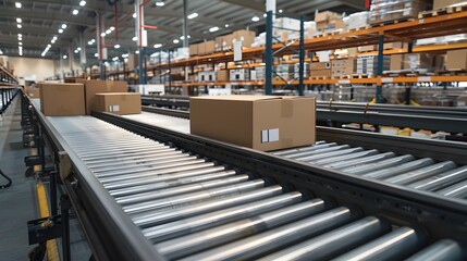 High Tech Logistics Center in Action Automated Conveyor Belt Prepares Ecommerce Parcels for Shipment