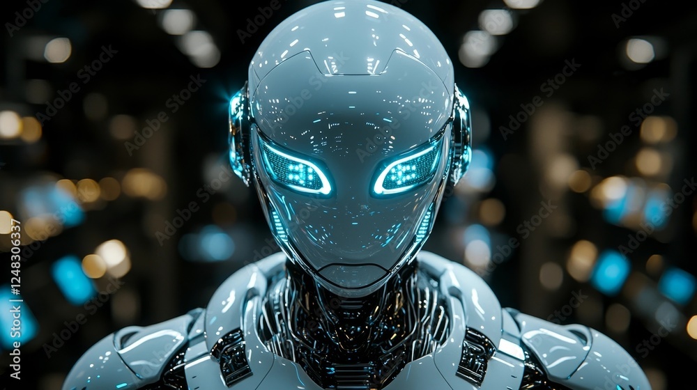 Poster futuristic robotic customer service assistant efficiently handling inquiries in tech driven store