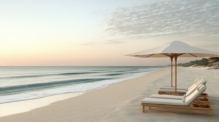 Obraz premium Serene Beach Scene with Sun Loungers and Umbrella at Sunset