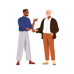 Fototapeta premium Business men shaking hands. Handshake, greeting gesture between senior old and young colleagues, office workers. Happy professionals meeting . Flat vector illustration isolated on white background