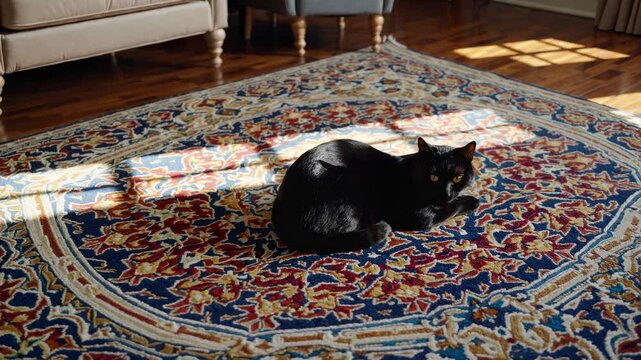 The video captures a cozy living room with a black cat on a patterned rug, bathed in sunlight, using a wide-angle camera angle.