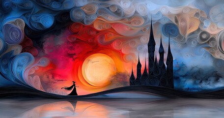 Fototapeta premium Enchanting Sunset Over Silhouetted Castle with Mystical Swirls and Colorful Sky