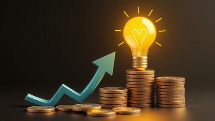 Stacks of coins, light bulb and increasing graph. Concept illustration for start up idea.