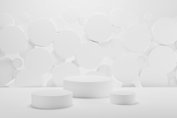 White abstract stage - set of three round podiums, mockup, flying circles decor. Template 3D illustration modern airy scene for presentation cosmetic products, branding, goods, advertising, sale.
