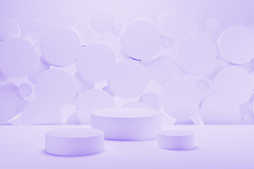 White abstract stage - three round podiums, mockup. Flying circles decor. Template 3D illustration modern airy geometric scene for presentation cosmetic products, branding, goods, advertising, sale.