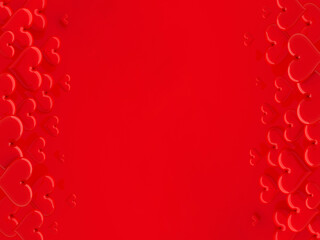 Valentine day background of red glossy hearts as pattern, banner for web, border, copy space for text on red background. Wedding hearts. 3D illustration for advertising, design, poster, card, flyer.