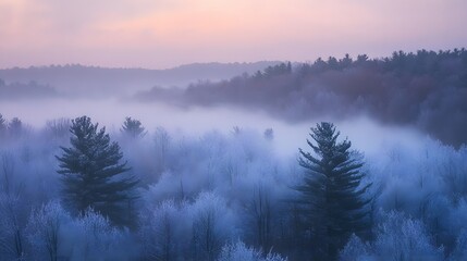 Fototapeta premium Misty forest landscape at dawn, tranquil scene with trees shrouded in fog, soft pastel sky, perfect for relaxation themes.