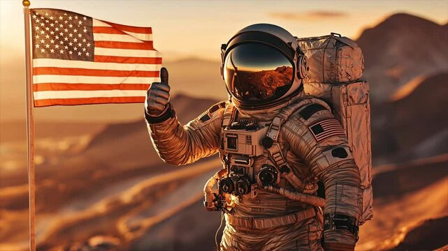Usa flag and astronaut in mars giving thumbs up