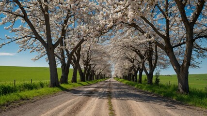Obraz premium A tranquil dirt road stretches into the horizon, framed by blossoming trees, creating a canopy of spring beauty.