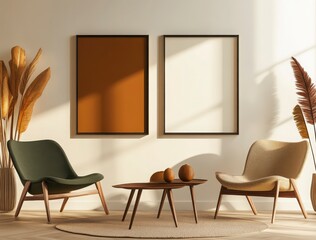 Cozy modern living room with stylish chairs and empty frames