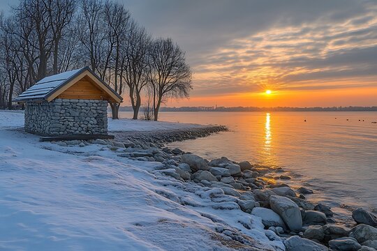 Snowy Lakeside Cabin Sunrise