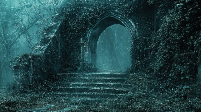 Mysterious stone archway in overgrown forest ruins, misty morning, fantasy setting, game background