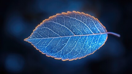 Close-up of a glowing blue leaf against a blurred dark background, showcasing intricate details