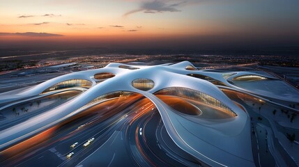 Futuristic architecture at sunset, sleek organic shapes blend with urban landscape, vibrant colors create a dynamic scene.