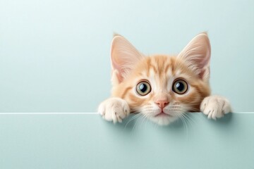 Obraz premium Ginger kitten peeking over a light blue panel with wide eyes. Represents curiosity, innocence, and the charm of pets.