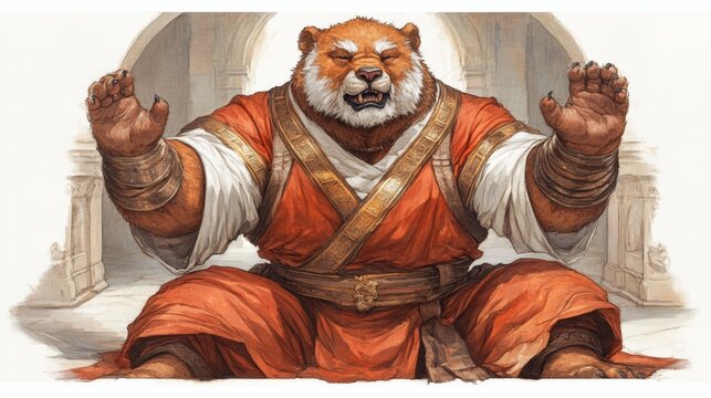 Anthropomorphic tiger-like creature meditating peacefully wearing monastic robes conveying a sense of serenity and spiritual depth