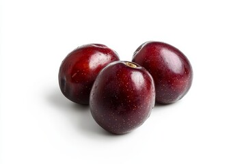Three ripe red plums isolated on white background. (1)
