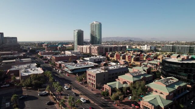 Historic Mill Avenue District in Tempe, Arizona, 4K drone shot