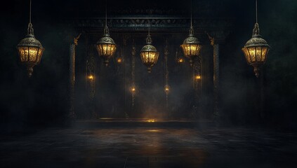 Obraz premium Mysterious dark room with hanging lanterns and pillars, smoky atmosphere.