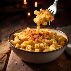 A warm delicious plate of cheesy macaroni studio quality style