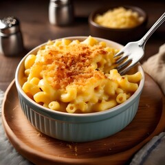 macaroni and cheese served in a white bowl in a wooden warm setup