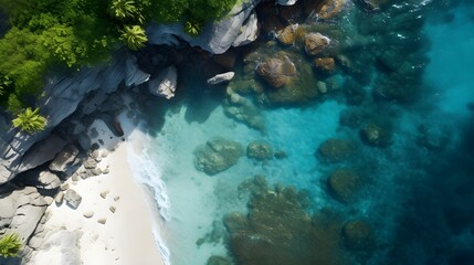 Stunning aerial view of a serene tropical island with crystal clear turquoise waters white sandy beaches and lush green foliage   a true paradise getaway