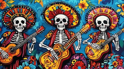 Colorful skeletons playing guitars, floral background, vibrant design