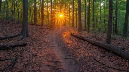 Fototapeta premium Serene forest path at sunset with sun rays filtering through lush green trees, inviting exploration