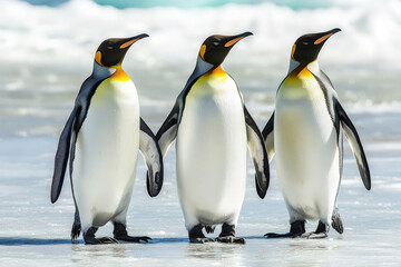 Fototapeta premium Three penguins waddling gracefully on icy landscape