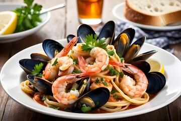 seafood pasta salad with shrimps close up shot high quality and colorful 