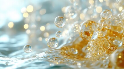Golden oil bubbles splash, bokeh background, cosmetic ad