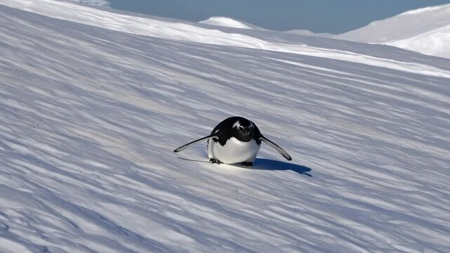 A playful penguin slides down a snowy slope, capturing the essence of nature's joy. The video uses a dynamic, low-angle camera angle.
