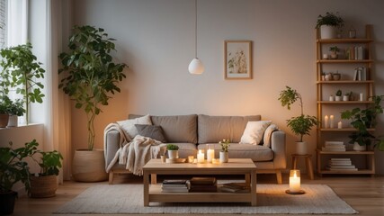 Cozy living room interior featuring a neutral couch, wooden shelving, lush plants, and ambient candlelight accents.