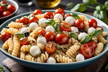 A plate of pasta with tomatoes and basil and burrata studio style high quality lightning