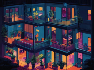 Vibrant Night Scene of Apartment Complex Activities, An animated depiction of a lively apartment complex showcasing various activities and interactions among residents.