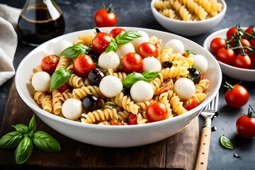 A plate of pasta with veggies and cheese representing healthy diet and summer and vegetarian meal 