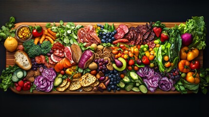 Fototapeta premium Large charcuterie board of produce and meats