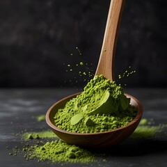 A bowl of high quality matcha powder displayed artistically with a splash movement high quality lightning studio style