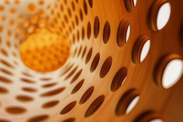 Abstract wooden background of round holes in the form of a circle. Laser Cut Wood Texture, Close-Up. Generative AI
